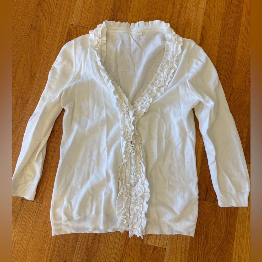 J. Crew White Ruffle-Front Cardigan Cotton Size S
